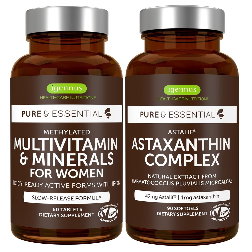 Multivitamine & mineralen voor vrouwen + Astaxanthine Complex Vegan Bundle, Sustained Release Advanced Multivitamine with Iron + Natural 4 mg H. Pluvialis Astaxanthine, by Igennus