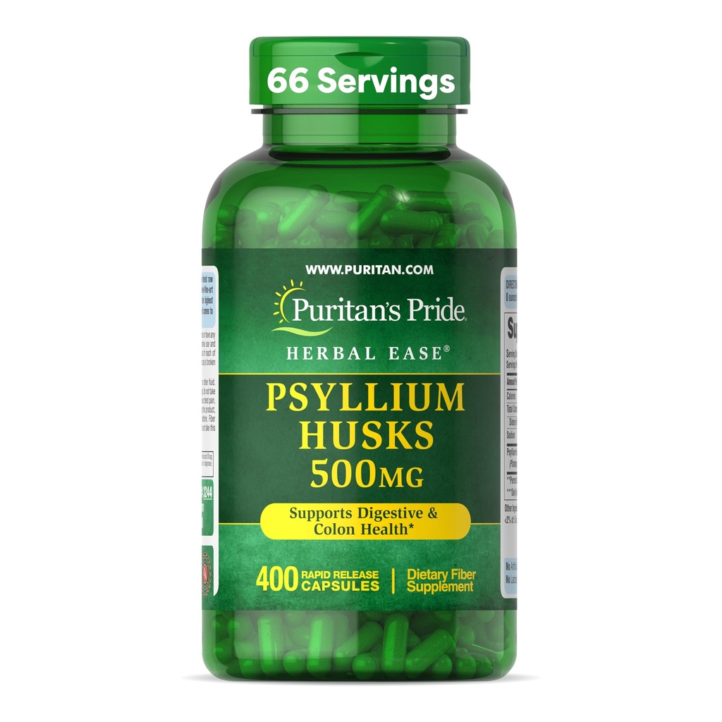 Puritan's Pride Herbal Ease® Psyllium Husks 500mg, Dieetsupplement voor spijsverterings-, Colon- en hartgezondheidsondersteuning, Dagelijkse Fiber Capsules, 2 maand supply, 400 Rapid Release Capsules