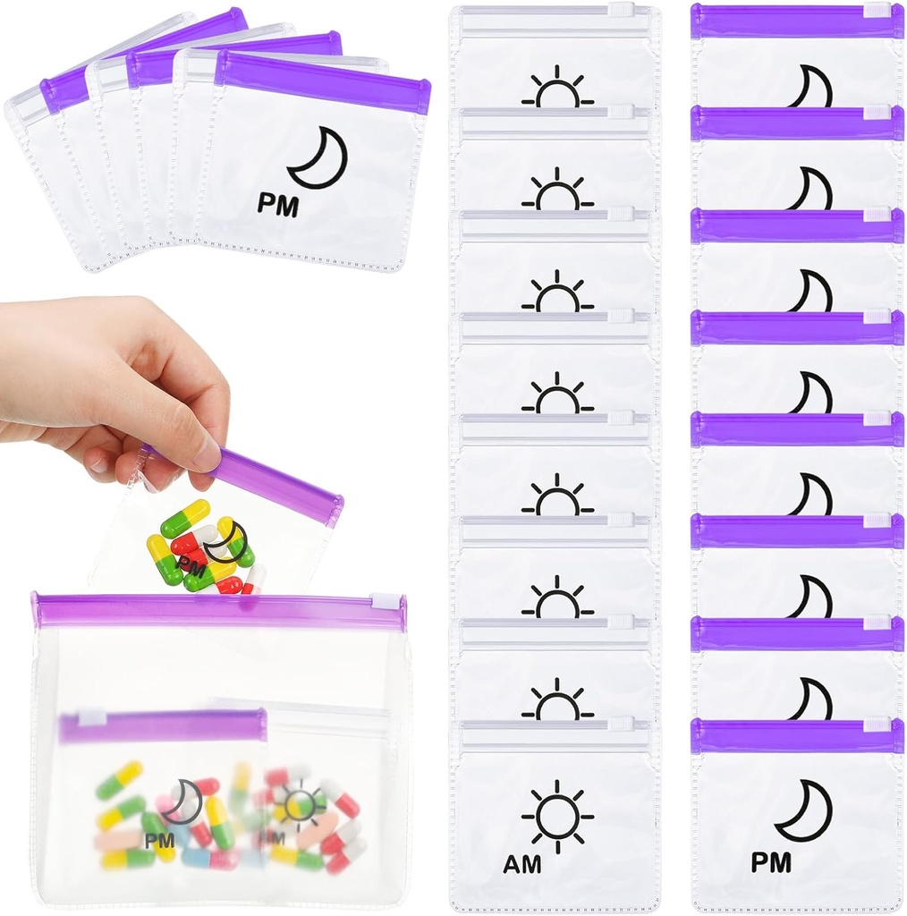 56 stuks AM Pill zakjes Bags Travel Pill Bags Zipped Medicine Organizer Day and Night Pill Bag Herbruikbare Plastic pil Baggies met schuif slot maandelijkse pil Organizer 2 keer per dag (Wissen, Paars)
