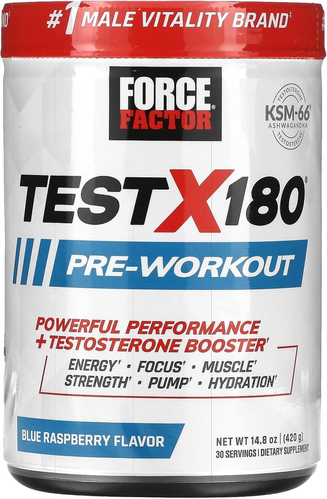 FORCE FACTOR Test X180 Pre-Workout Powder & Energy Supplement, Boost Focus & Endurance, Build Muscle & Strength, Nitric Oxid Supplement met Ashwagandaha & L-Citrulline, Blue Raspberry, 30 Servers