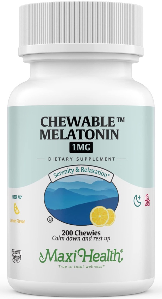 Maxi Health Chewable Melatonin, Kosher Lemon Flavor, Melatonin for Adults & Kids, Natural Aid for Adults & Children, Melatonin Chewables Alternative to Melatonin Gummies Kids Dose, (200 Count)