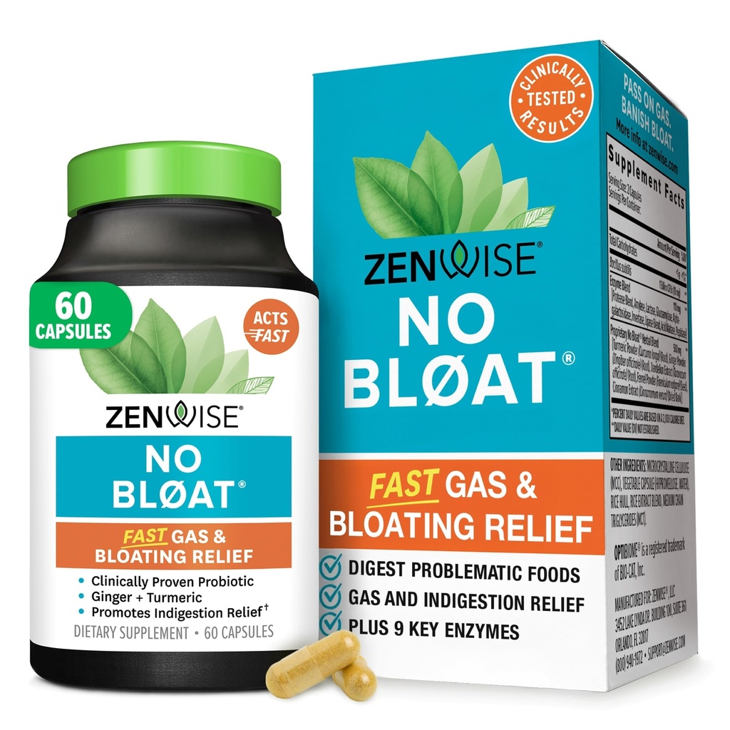 Zenwise Health No Bloat Digestieve Enzymen for Gut Health, Gas & Bloating Relief - Multi Enzymes Digestie Supplement with Probiotics, Gener, Turmeric Dandelion & Lactase - Mannen & Women - 60 Count