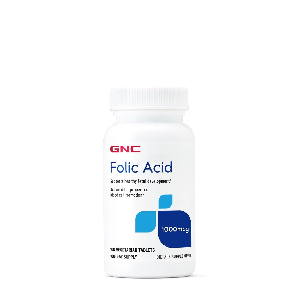 GNC Folic Acid 1000mcg, ondersteunt gezonde foetusontwikkeling, vereist voor juiste rode bloedcelvorming, Vegetarische Formule, 100 Tellen
