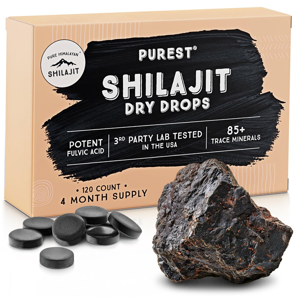 Pure Himalaya Shilajit Dry Drops, 100% Pure Natural Shilajit, Graad A, Max Potentie 85+ Clean Trace Minerals & Fulvic Acid for Energy, Metabolisme & Immune Support Supplement for Men & Women (120 tabs)