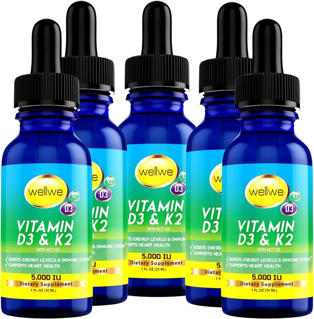 Vloeibare vitamine D3 K2 druppels 5000 IE - Veganistisch, Geen smaak, Geen Odor, Sojavrij, Glutenvrij, Niet-GMO, 1000 IE per druppel, Verhoogt Energieniveaus & Immune System, Ondersteunt Hart Gezondheid (5 Pack)