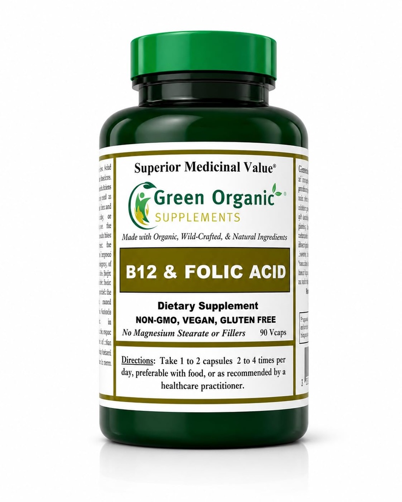 Green Organic Supplements (Pack-1) Vitamine B12 & Folic Acid, 1000mcg, 90 VCaps, Hand Made, Vegan, Non-GMO, ondersteunt de werking van het zenuwstelsel, en de integriteit van huid, haar en lever