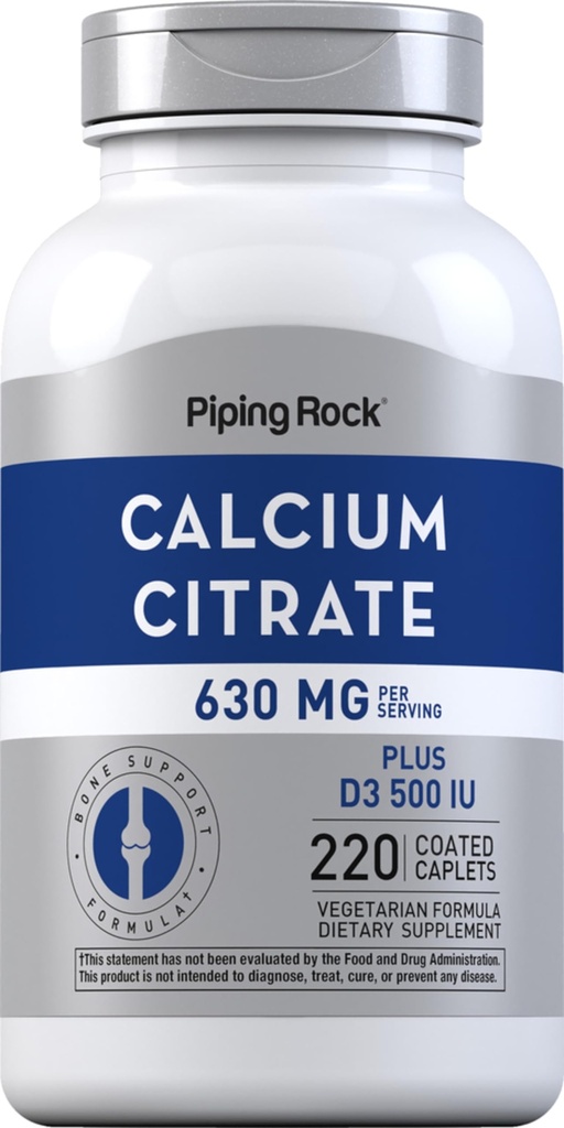 Piping Rock Calcium Citrate with Vitamin D3 | 630 mg | 220 Caplets | Supplement for Women and Men | Vegetarian, Non-GMO, Gluten Free