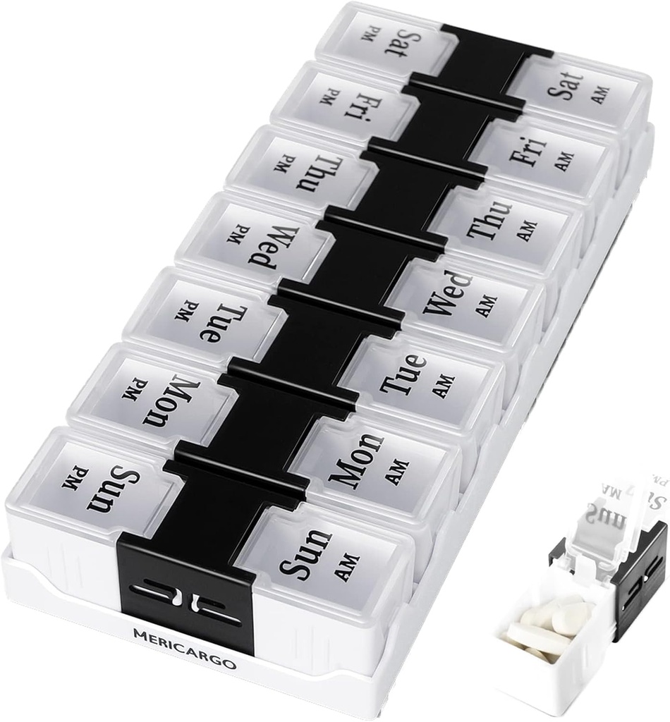 MERICARGO Weekly Pillen Organizer 2 keer per dag, Gemakkelijk Open Reis pil Box, Am Pm Pillen Organizer 7 Dag voor Geneeskunde, Vitaminen, Visolie en Supplementen