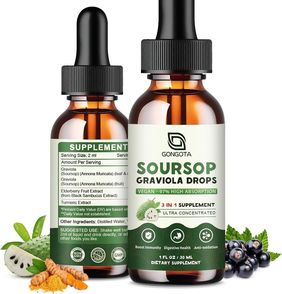 Soursop Graviola Leaf Extract Drops voor Cellular Ondersteuning, Antioxidant, Lever, Digestieve Ondersteuning, Vegan Soursop Bitters Drops, Herbal Essence, Suiker Vrij/Gluten Vrij, Natuurlijke smaak - 2 fl oz