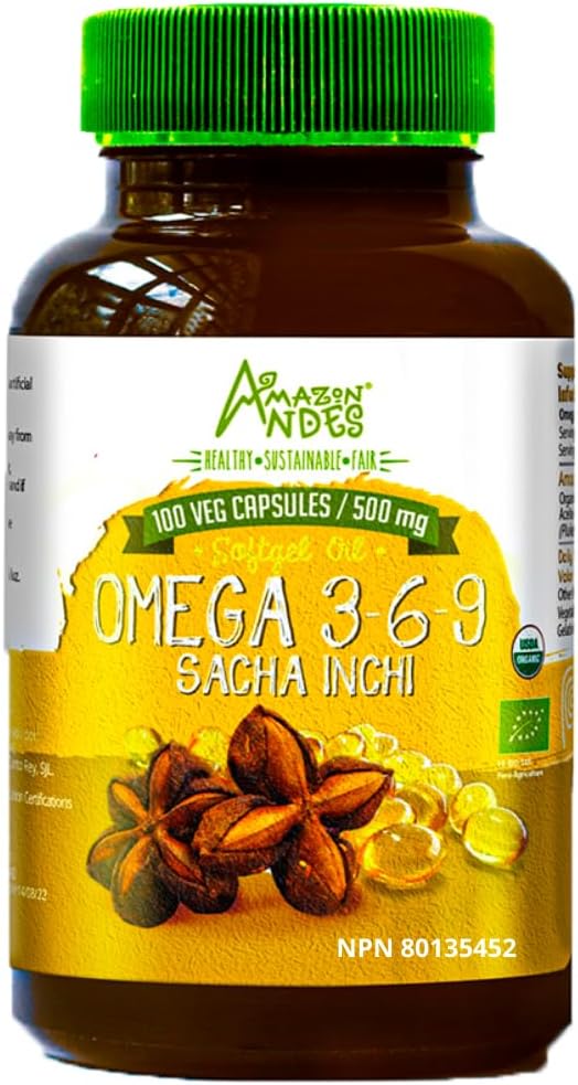 Andes Sacha Inchi-oliecapsules - Bron van omega's 3, 6 en 9 - Gezonde bron van essentiële vetzuren - Veganistisch, niet-GMO, Allergenenvrij en glutenvrij - 100 Softgel pillen (500mg) - Made in Peru
