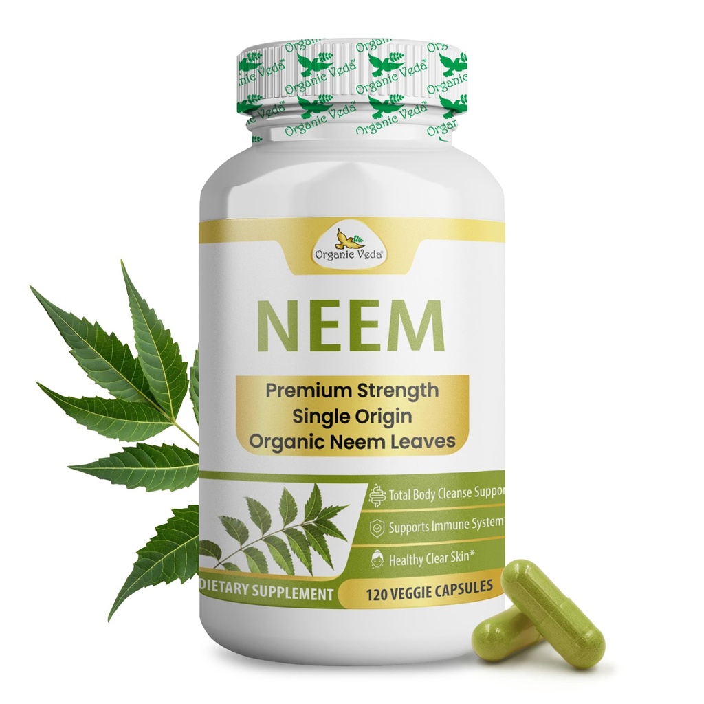 Biologische Veda Neem Capsules, 1000mg - Biologische Kruidensupplement Gemaakt met Ayurvedische India Neem Leaf Powder - Ondersteunt Radiante Huid, Immune, Detox, Gezonde Ontvlammingsrespons - 120 Veggie Capsules