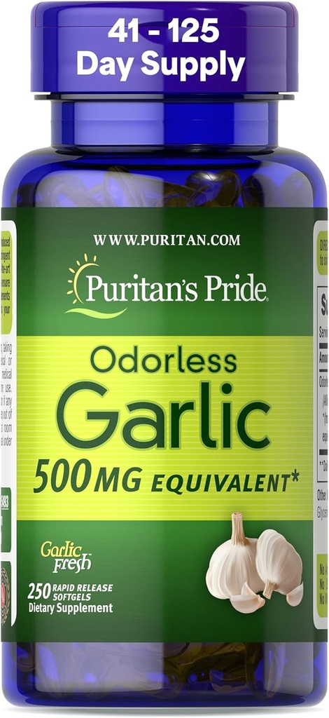 Puritan's Pride Premium Odorless Garlic Fresh 500mg, Traditional Dietary Supplement for Heart Health and Circulation Support with Antioxidant Properties, 250 Rapid Release Softgels