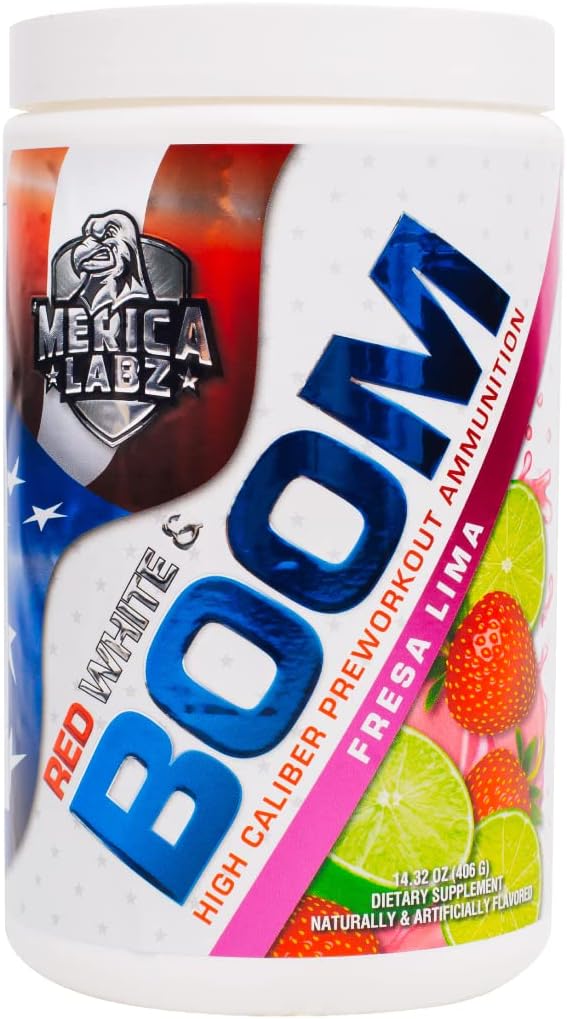 'Merica Labz Red, White, and Boom, High Caliber Pre Workout met VasoDrive-AP®, 350mg Cafeïne, Max Energy, Pump and Focus, Verhoogde bloedstroom en spiervolume, 20 porties (Fresa Lima)