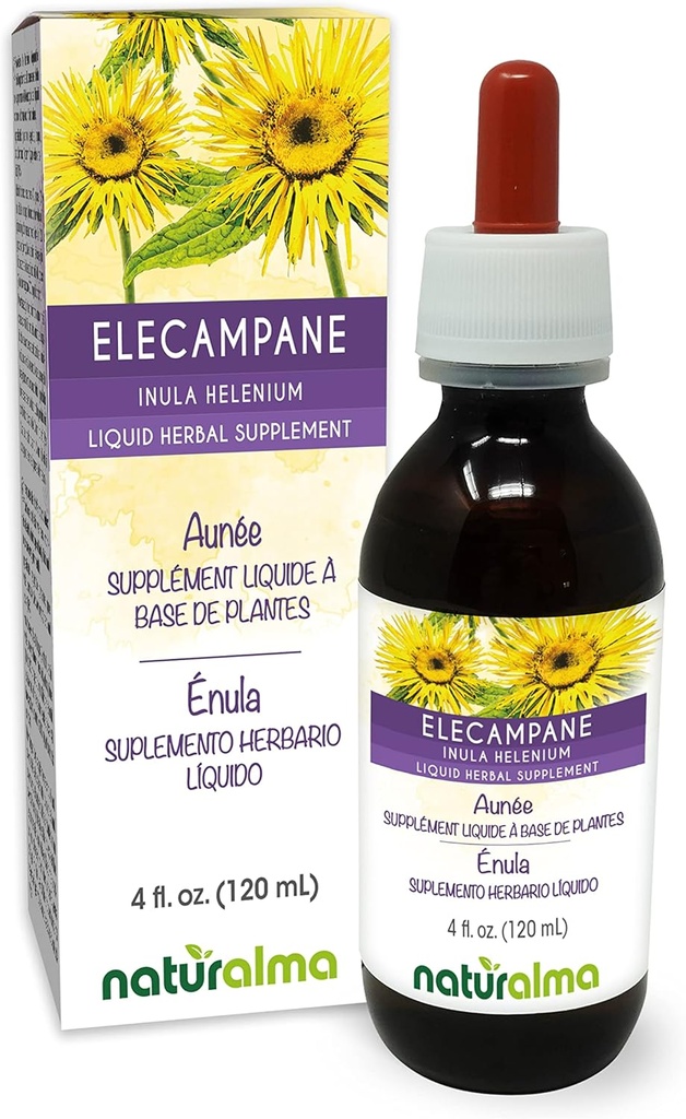 Naturalma Elecampane (Inula helenium) Root Alcoholvrije Tinctuur - 4 fl oz Liquid Extract in druppels - Kruidensupplement - Veganistisch