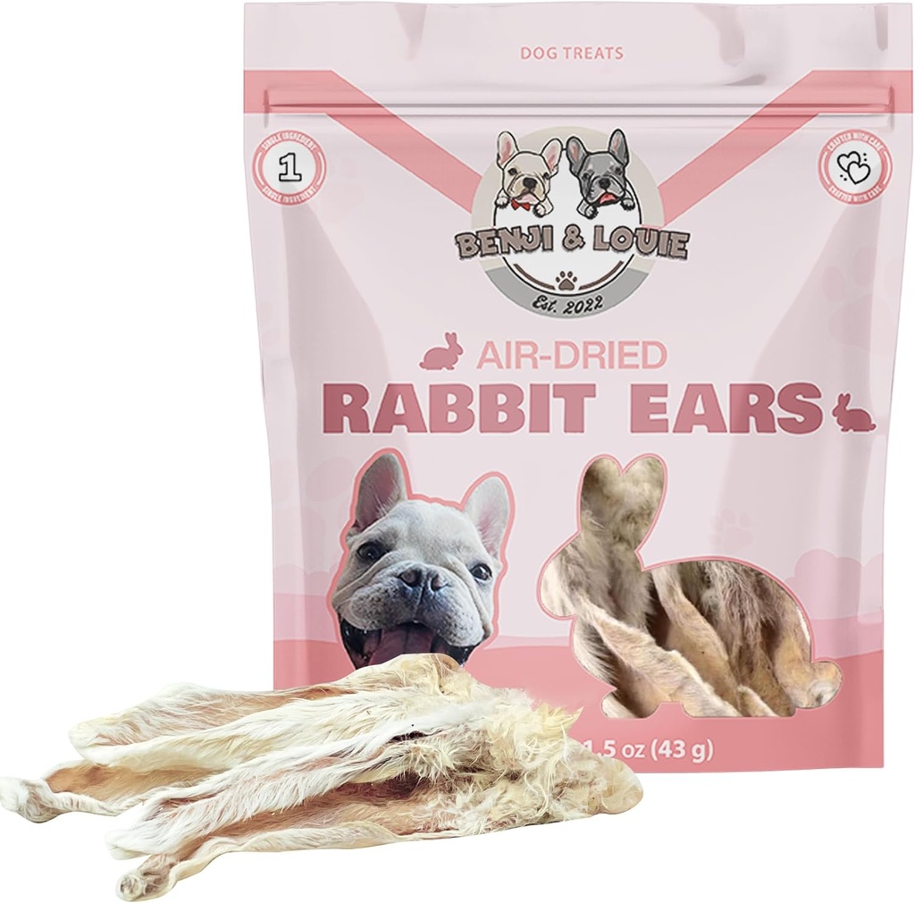 Benji & Louie Air gedroogde hele konijn oren met bont - natuurlijke gezonde hond Treats of honden Chews, enkele Ingrediënt, 1.5 oz, 4 tot 6 Tellen