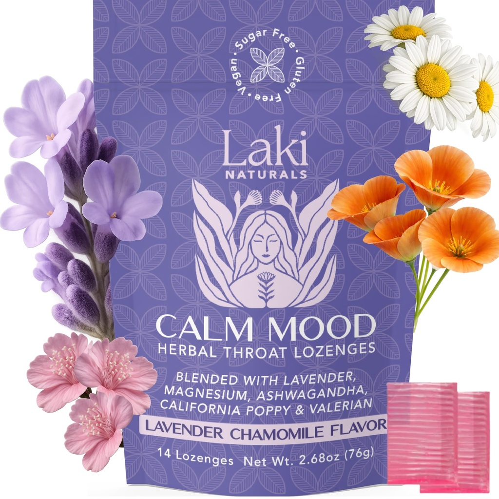 Laki Naturals Lavender kamille Calm Mood Functional Herbal Lozenges (14ct) Throat & Calming Hard Candies with Magnesium, Ashwagandha, California Poppy & Valerian. Veganistisch, Suikervrij, Glutenvrij