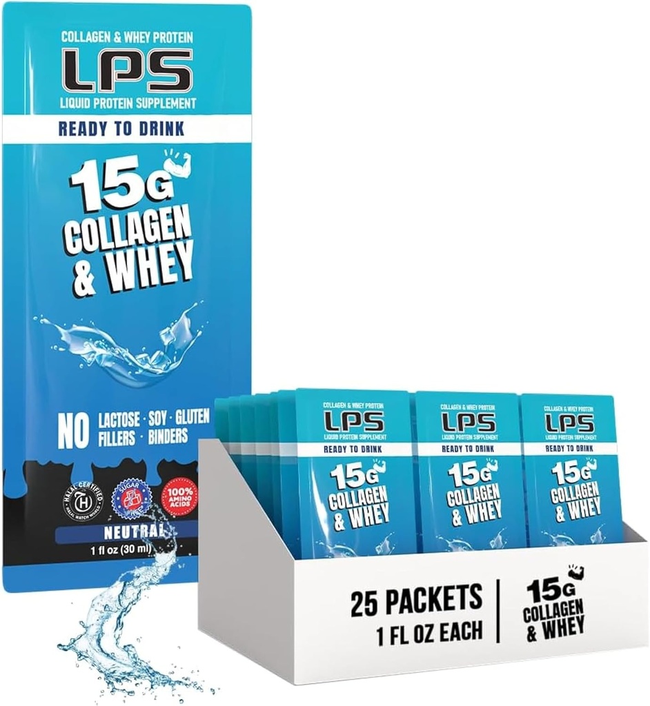 LPS Liquid Collageen & Whey Protein Supplement - Non-GMO Drink, Sugar-Free - bevordert gezonde huid en haar voor mannen en vrouwen, Neutral, Single Serve (25 Packets)
