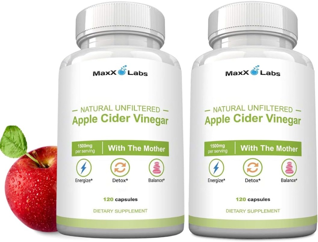 Raw Apple Cider Vinegar Capsules met moeder, 1500mg ACV Pillen - Boost Energy, Support Immunity & Digestie & Weight Management for Women & Men - 2 Pack