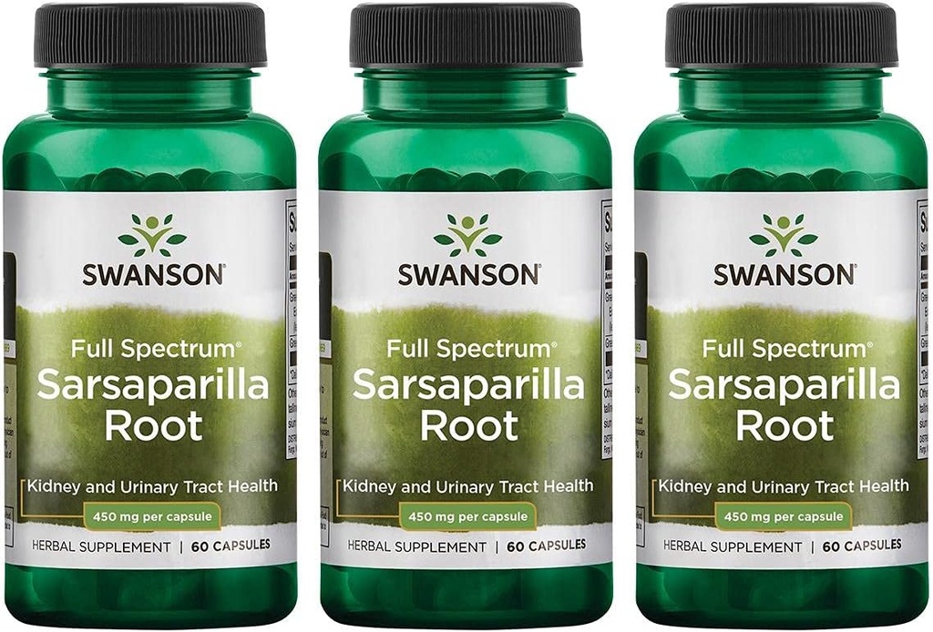 Swanson Sarsaparilla Root-Traditional Herbal Supplement Promoting Skin Health, Urinary Tract & Nier Support-Natural Formula Supporting Overall Health & Wellness-(60 Capsules, 450mg Each) 3 Pack