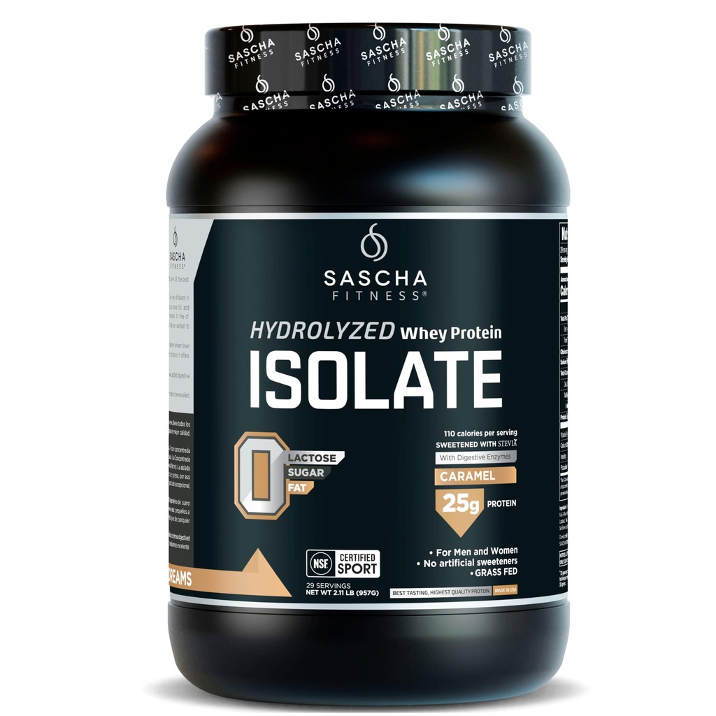SASCHA FITNESS Gehydrolyseerde Wei Proteine Isolaat,100% Grass-Fed (2.11 Pond) (karamel smaak)