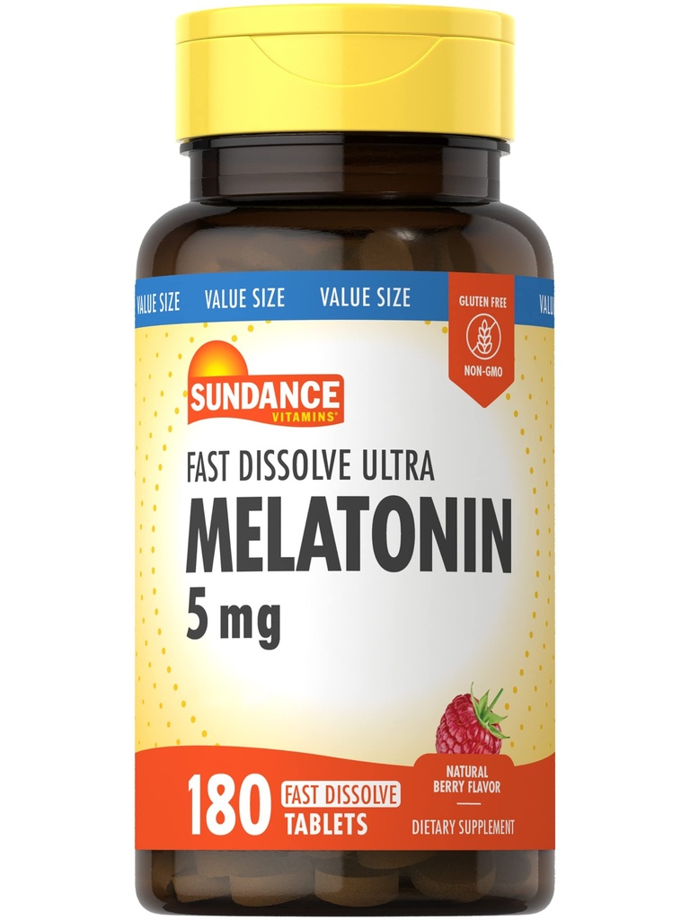 Sundance Melatonin 5mg Tablets | 180 Vegetarian Count | Fast Dissolve | Natural Berry Flavor | Vegetarian, Non-GMO and Gluten Free Supplement