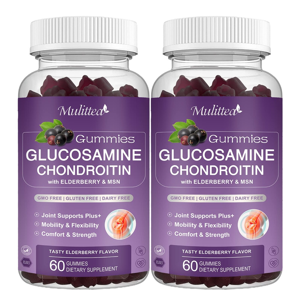 Mulitea Glucosamine Chondroitin Gummies - Extra sterkte Joint Support Supplement met MSM & Vlierbes voor natuurlijke gewrichts, antioxidant Immune Ondersteuning voor volwassenen, mannen en vrouwen-(2 Pack)
