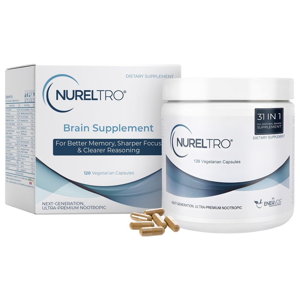 Nureltro® Brain Supplementen voor Geheugen en Focus, 120 Capsules - Nootropics Brain Support Supplement, Focus Supplement, Uitgebreide Brain Health Supplementen voor Volwassenen en Senioren, Cafeïnevrij