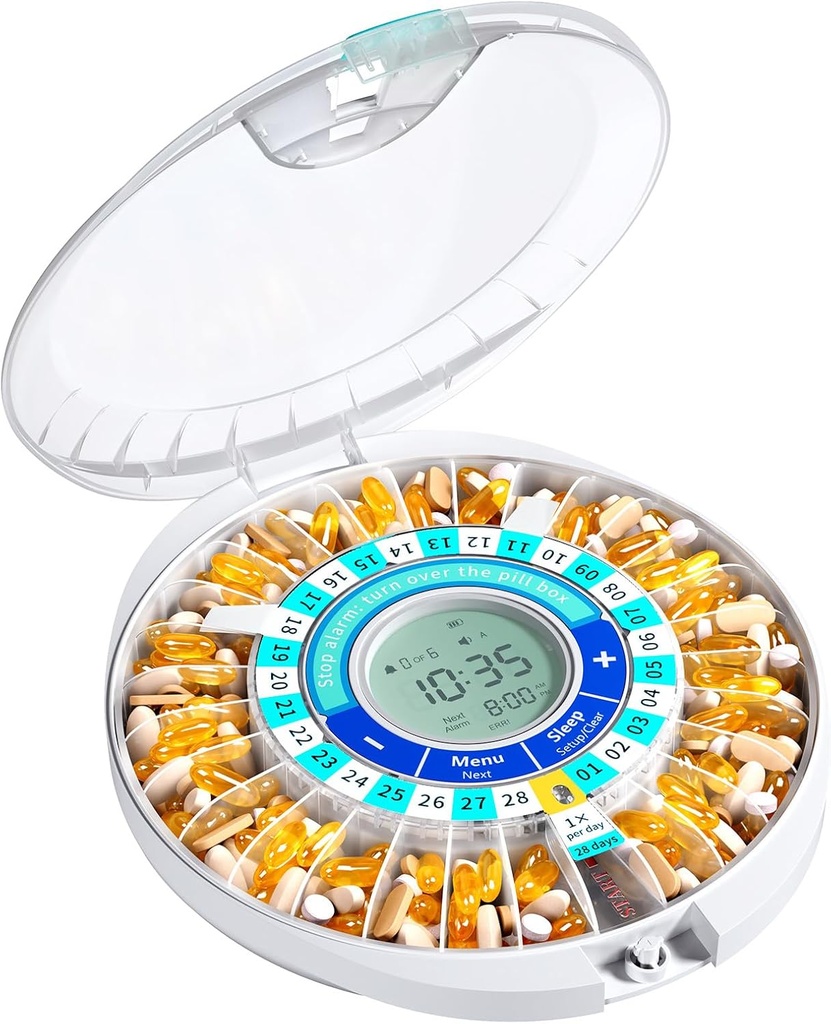 Daviky automatische pildispenser voor ouderen met alarm, 28-dagen elektronische Locked Pill Box, geluid en licht herinneringen voor medicatie, vitamines en supplementen