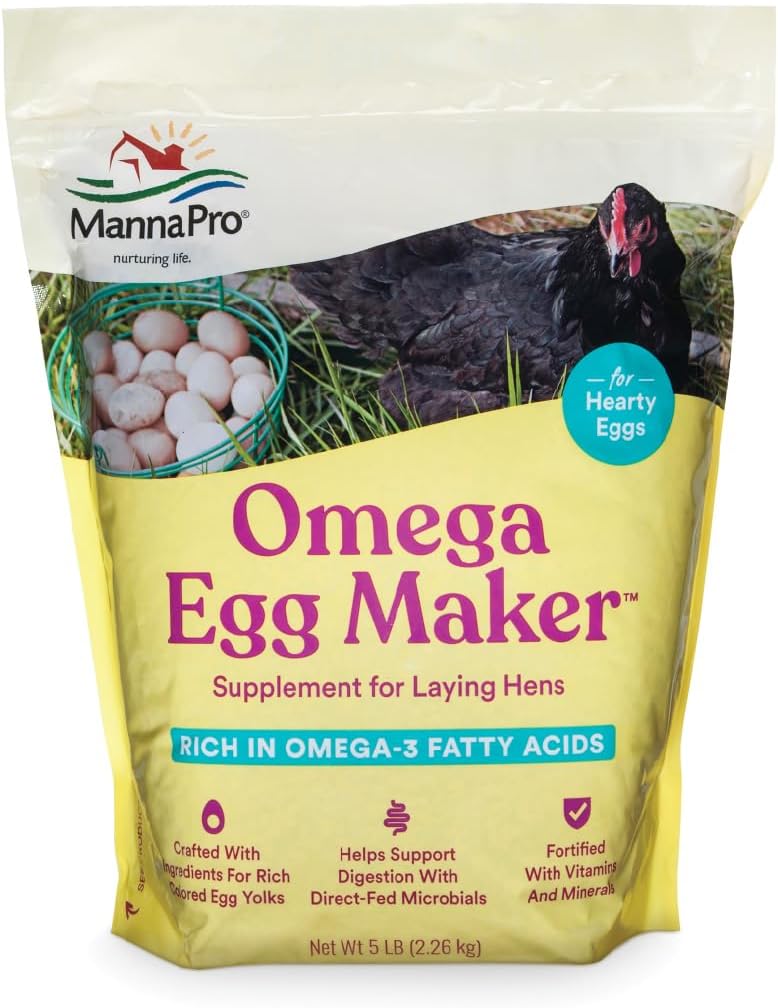 Manna Pro Omega Egg Maker, Chicken Feed Supplement voor het leggen van Hens, gevogelte Food met Omega-3 vetzuren, Digestie Ondersteuning met versterkte vitamines en mineralen, 5 lbs