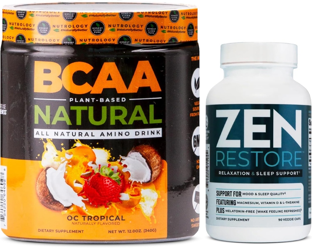 Nutrologie Zen Natural Magnesium Supplement (30 porties) & Nutrologie BCAA Natural, Plant Based BCAA Powder, Orange Coconut Flavor (30 porties)