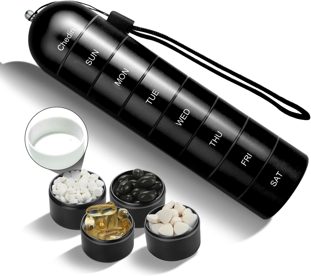 Wekelijkse pil Organisator, 7 dagen Extra grote capaciteit pil doos, pil houder Container, waterdicht en groot compartiment voor Holding supplementen, vitamines, visolie en geneeskunde (zwart)