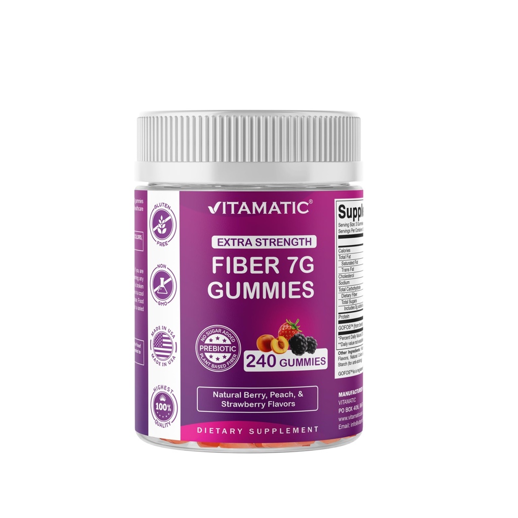 Vitamatic Prebiotic Fiber Gummies voor volwassenen, 7G Extra Sterkte, Zero Sugar Toegevoegd, 240 Pectin Based Gummies, Digestieve Gezondheid & Regularity Ondersteuning