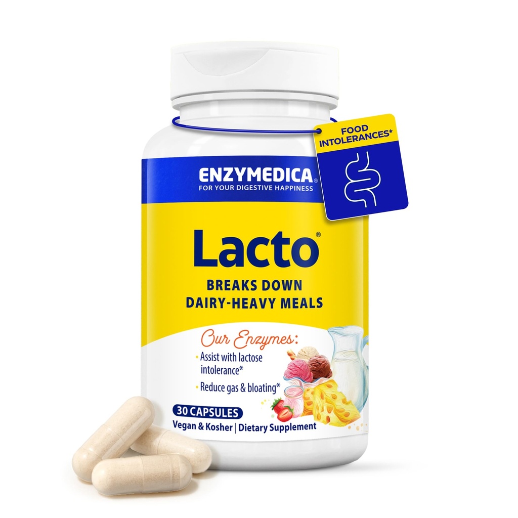 Enzymedica Lacto, Advanced Lactase Pillen voor Dairy Support, Helpt Break Down Lactose, Caseïne & Fat, Dairy Relief Pillen, Vegan, 30 Capsules