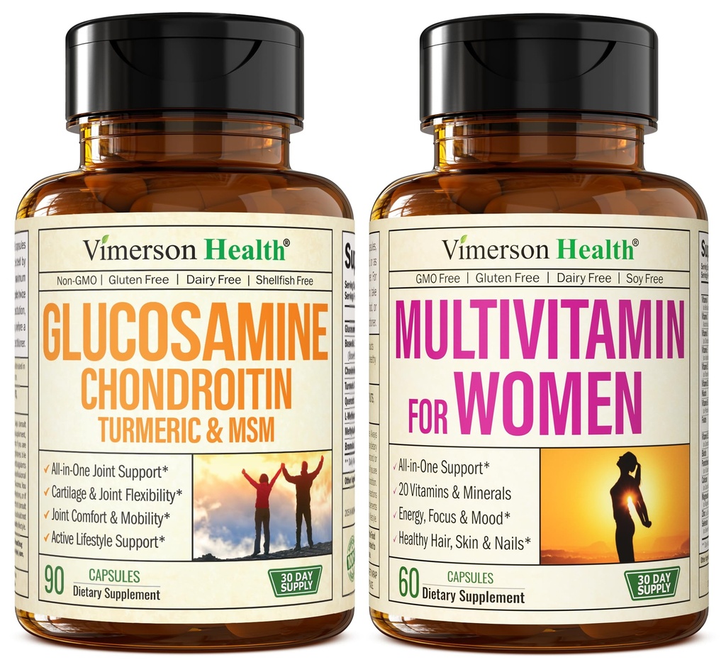 Glucosamine Chondroitin Kurkuma + Multivitamine voor vrouwen 2-fles supplement bundel voor haar. gezonde immuunrespons, gezamenlijke ondersteuning, antioxidant eigenschappen