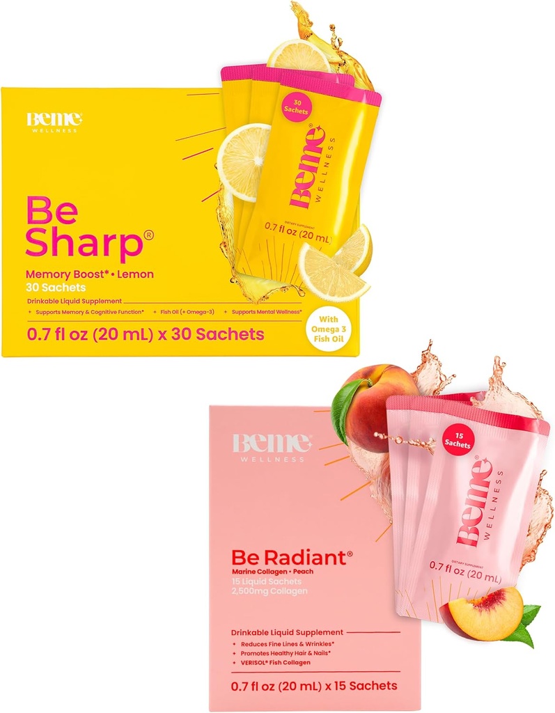 BeMe BeSharp & BeRadiant Peach Bundle - vloeibare Omega-3 & Liquid Collageen Drink Supplementen