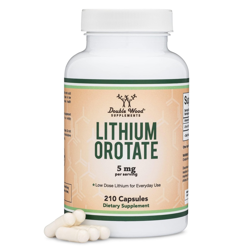 Lithium Orotate 5mg Elemental Lithium for Cognition and Brain Health, 210 Capsules (Third Party Tested, Vegan Safe, Non-GMO) by Double Wood Supplements