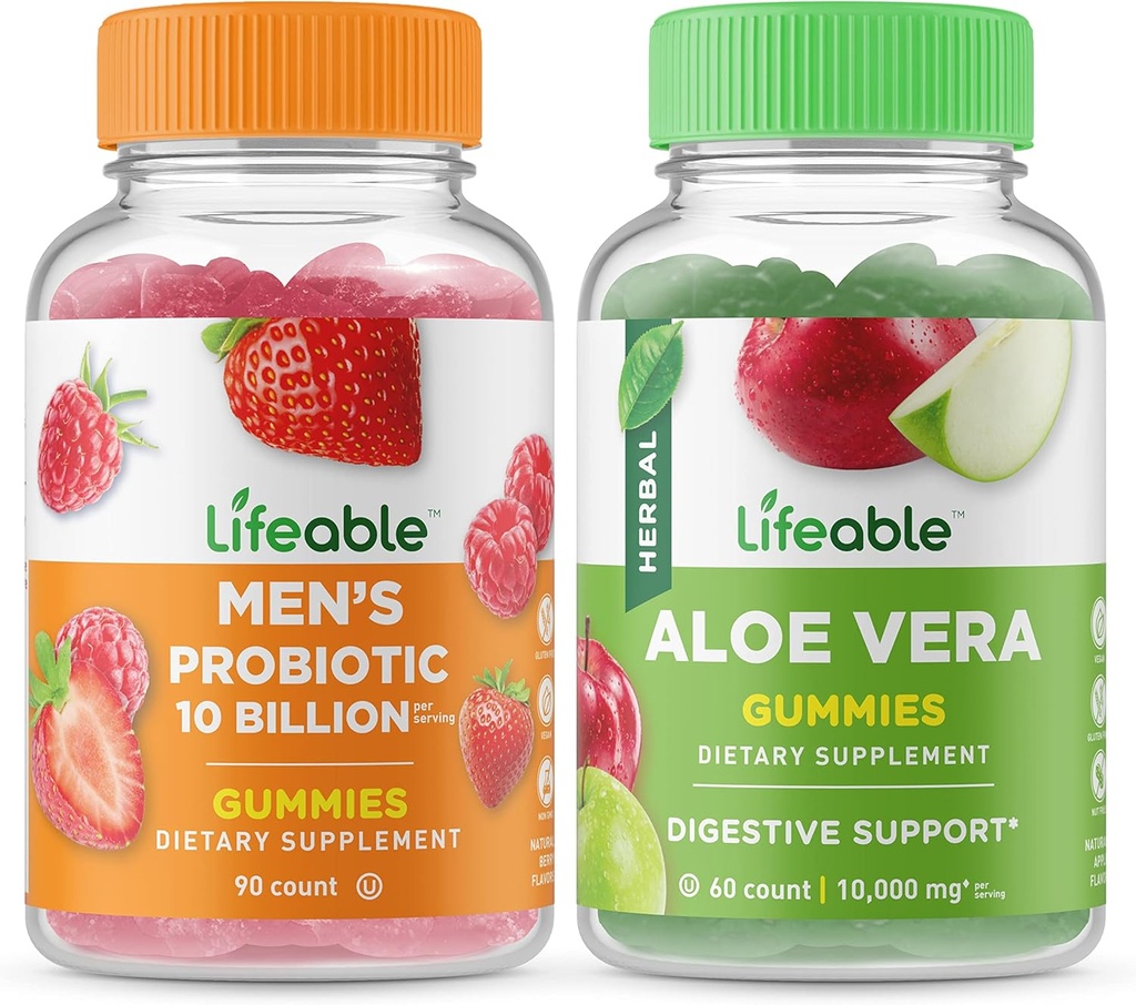 Levensvatbare mannen Probiotic 10 Miljard + Aloë Vera, Gummies Bundle - Grote Proeverij, Vitamine Supplement, Glutenvrij, GGO-vrij, Kauwbare Gummy