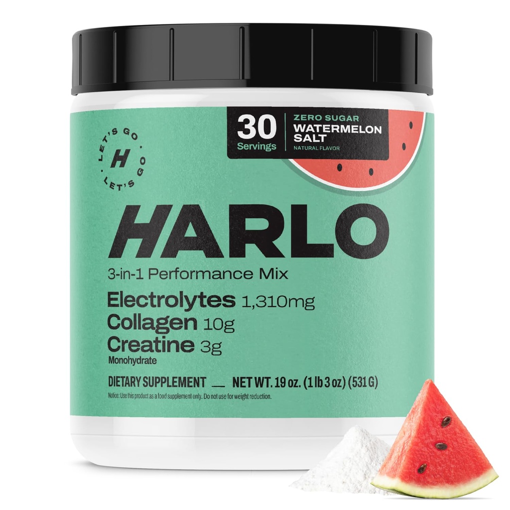 Harlo - Watermeloen Zout Electrolyte Drink Mix w/Bovine Collageen & Creatine - Creatine Monohydraat Poeder - Energie Drinkpoeder - Voor de training poeder - Suikervrije energiedranken - Post Workout Herstel