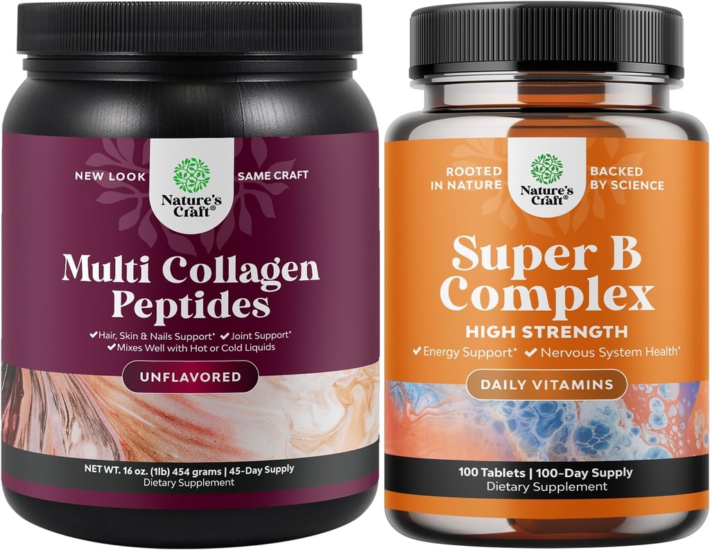 Bundel van Multi Collageen Proteïne Poeder voor vrouwen en mannen - Hair Skin en Nails Vitaminen en Vitamine B Complex Adult Multivitamine voor Immune Ondersteuning Mood Boost en Geheugen Supplement voor Hersenondersteuning