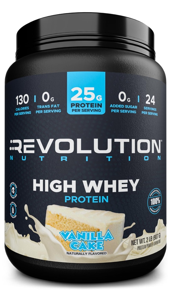 Revolution Nutrition, High Wei, Protein Powder 2LB, Glutenvrij, Lean Muscle Mass for Men & Women, 25g Protein Per Scoop, 907 g, 24 Servers (Vanilla Cake, 2 Pond)