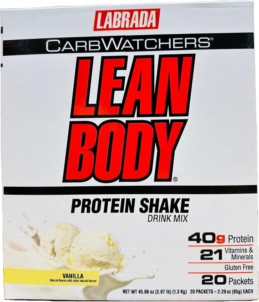 Lean Body Carb Watchers, All-In-One Vanilla Maaltijd vervanging Shake. 40g eiwit Wei Blend, 8g gezonde vetten & vezels, 22 vitaminen en mineralen, Geen kunstmatige kleuren, glutenvrij,(20 pakketten)
