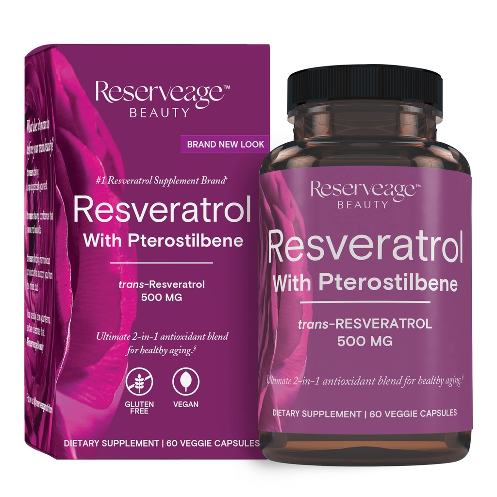 Reserveage Beauty, Resveratrol 500 mg met Pterostilbene, Antioxidant Supplement voor Immune Support & Heart Health, Ondersteunt gezonde veroudering, Paleo, Keto, 60 capsules (60 porties)
