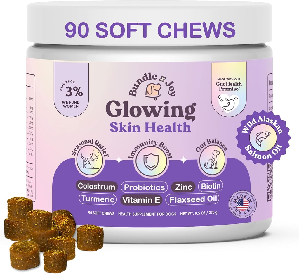 Bundle x Joy gloeiende huid en jas supplement voor honden, 90 zachte kauwen, Probiotica voor honden met Colostrum, Omega 3 vetzuren, zalmolie, en kurkuma, ondersteunt seizoensgebonden allergieën & jeuk