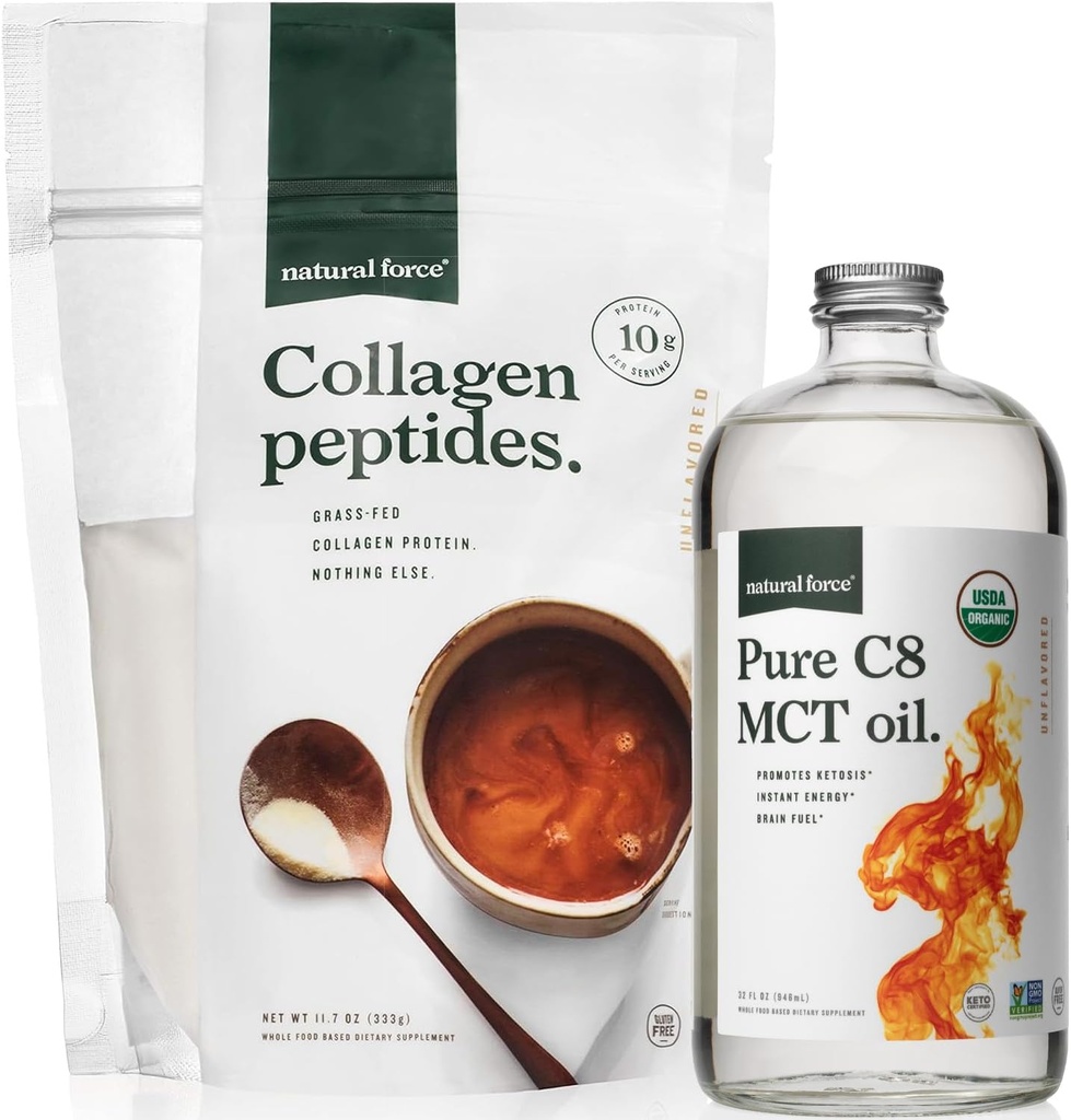 Natural Force Organic MCT Oil + Grass Fed Collagen Peptides Bundle – Organic, Non GMO, 100% Pure Coconut MCTs & Hydrolyzed Type I and III Collagen Protein - 16 Ounce Bottle and 11.7 Ounce Bag