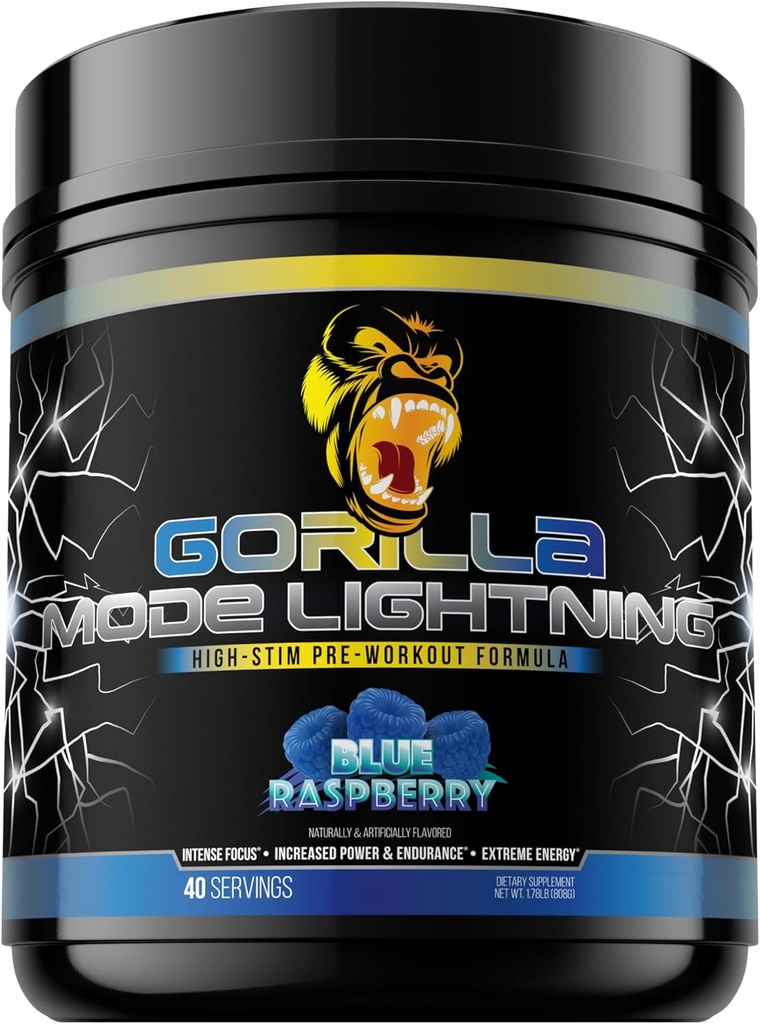 Gorilla-modus Lightning Pre-Workout - Extreme energie · Laser Focus · Krachtige pompen · Peak Performance - 550mg Cafeïne, 13500mg L-tyrosine, Alpha-GPC
