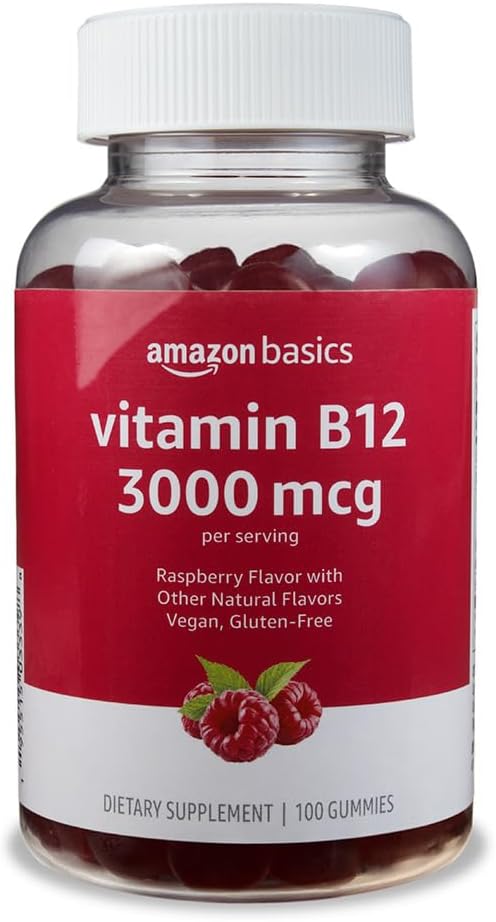 Basics Vitamine B12 3000 mcg Gummies, Normale Energie Productie en Metabolisme, Immuun Systeem Ondersteuning, Raspberry, 100 Telling (2 per portie) (voorheen Solimo)