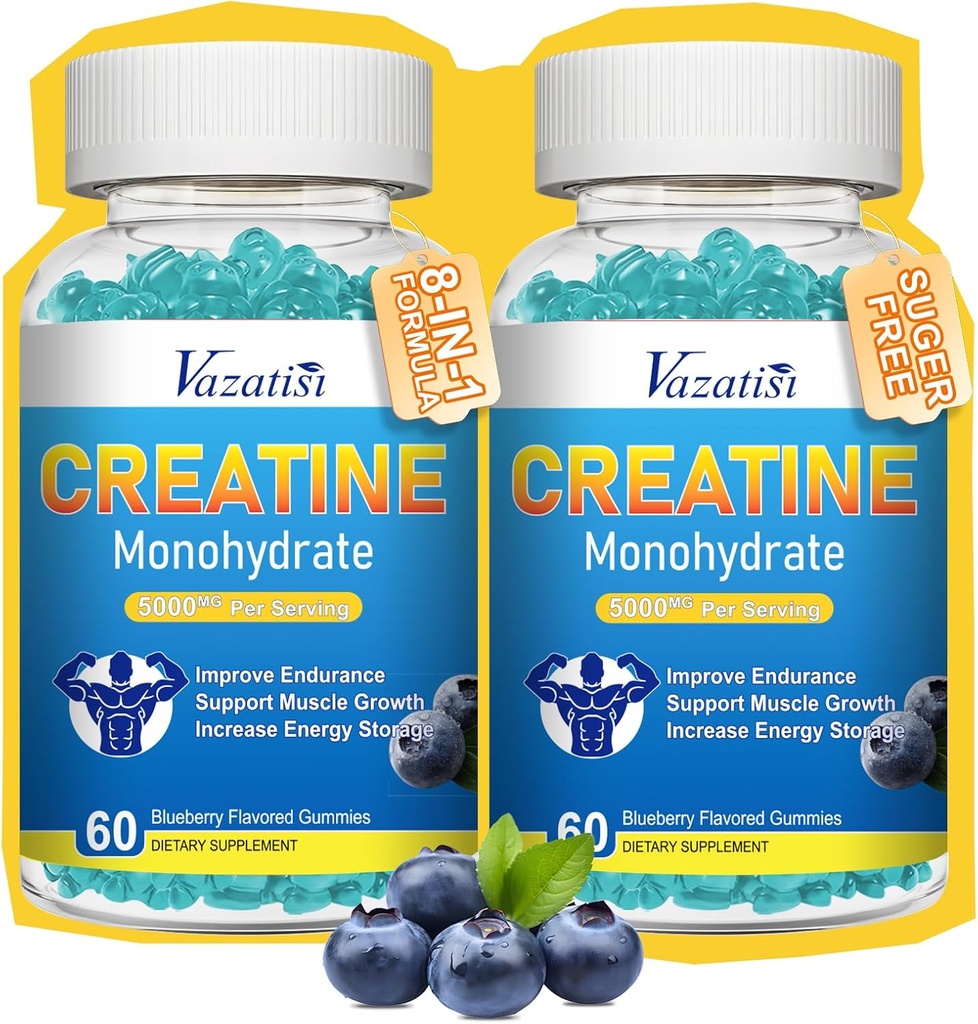 2 Pack Creatine Monohydraat Gummy's voor vrouwen en mannen, Suikervrije Vegan Creatine Supplement voor Build Muscles, Verhoog energie en kracht, Blueberry Flavor, 120 Tellen