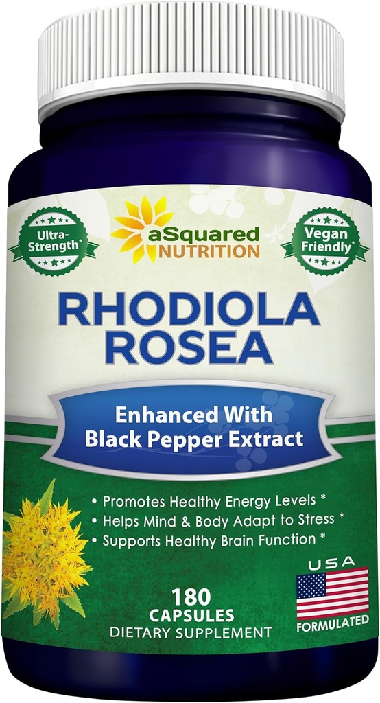 aSquared Nutrition Rhodiola Rosea Max Strength with Black Pepper Supplement - 180 Capsules - Max Absorptie Poeder pillen - Golden Root Herb for Stress Relief, Mood, Pure Focus & Energy - 500mg per cap