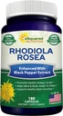 aSquared Nutrition Rhodiola Rosea Max Strength with Black Pepper Supplement - 180 Capsules - Max Absorptie Poeder pillen - Golden Root Herb for Stress Relief, Mood, Pure Focus & Energy - 500mg per cap