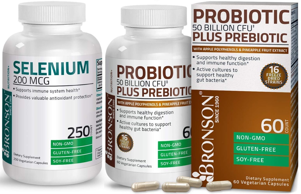 Bronson Probiotic 50 Miljard CFU + Prebiotic with Apple Polyfenolen & Ananas Fruit Extract + Selenium 200 Mcg for Immune System, Thyroid, Prostate and Heart Health